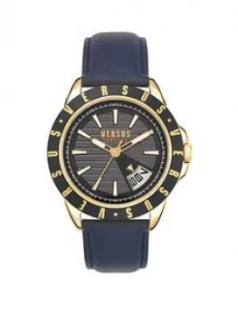 Image of Versus Versace Black And Gold Detail Daydate Dial Black Leather Strap Mens Watch