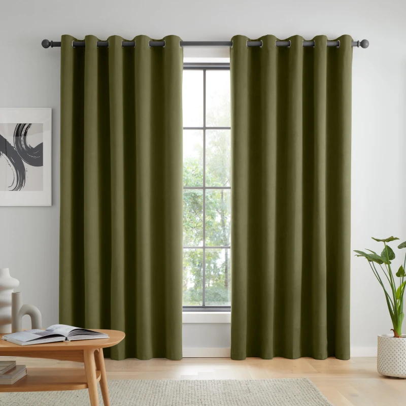 Image of Catherine Lansfield Wilson Velvet Thermal Ready Made Eyelet Blackout Curtains Olive