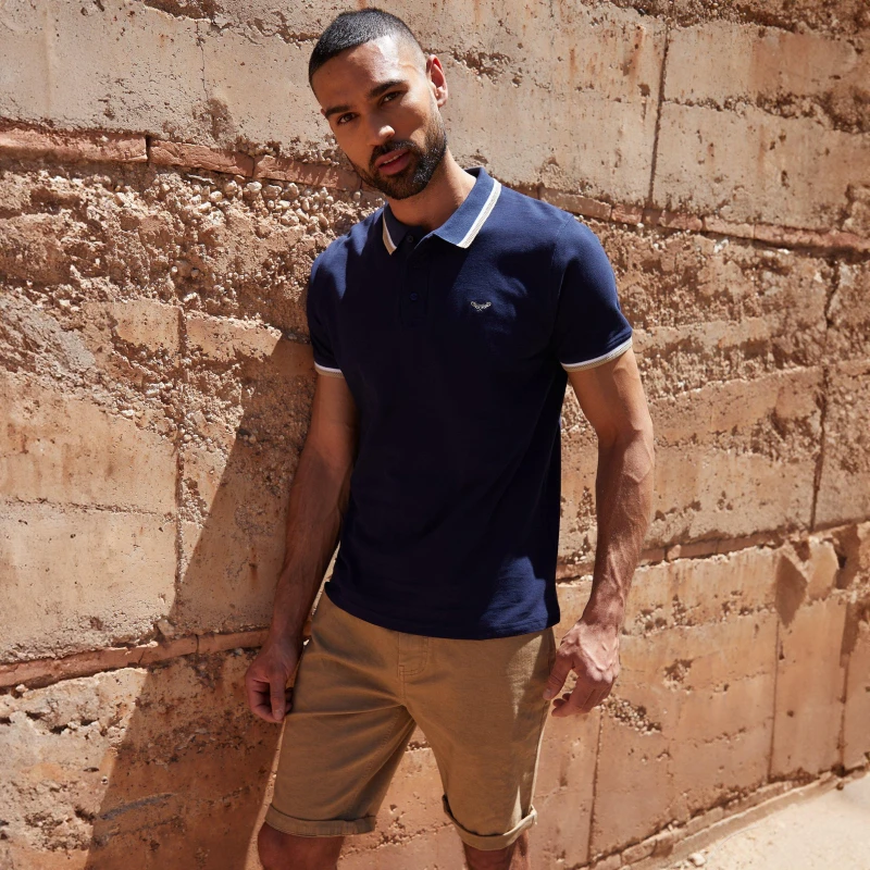 Image of Threadbare Herringbone Tipping Cotton Pique Polo Shirt - Blue Blue L