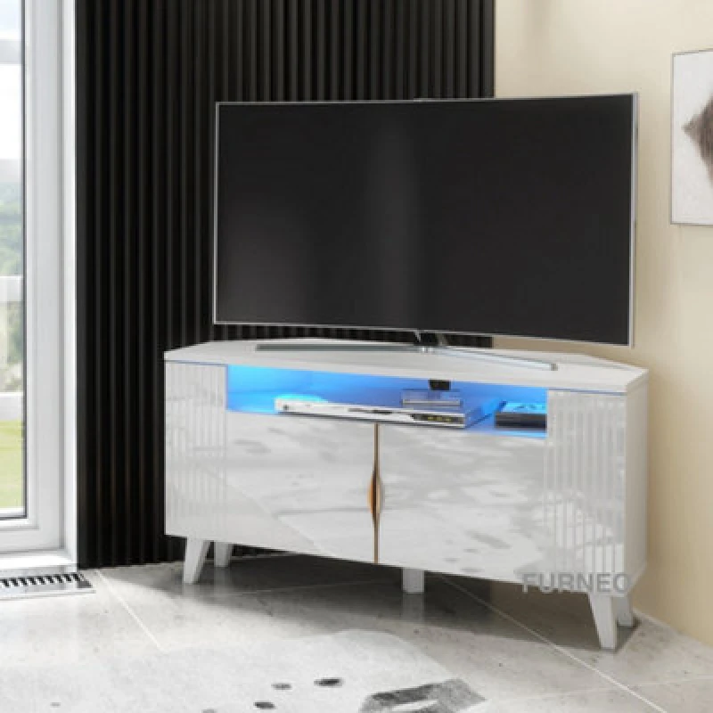 Image of Furneo White Corner TV Stand 100Cm Unit Cabinet Matt & High Gloss Azzurro 06 Brushed Gold Handles Blue LED Lights
