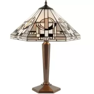 Image of Tiffany Glass Table Lamp Light Antique Patina Bronze & Art Deco Hex Shade i00219