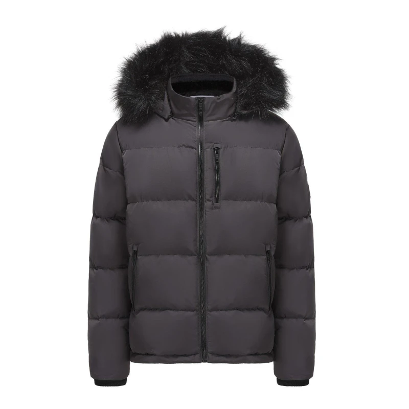 Image of SoulCal Mens 2 Zip Bubble Faux Fur Trim Fleece Lined Short Puffer Jacket Charcoal male S