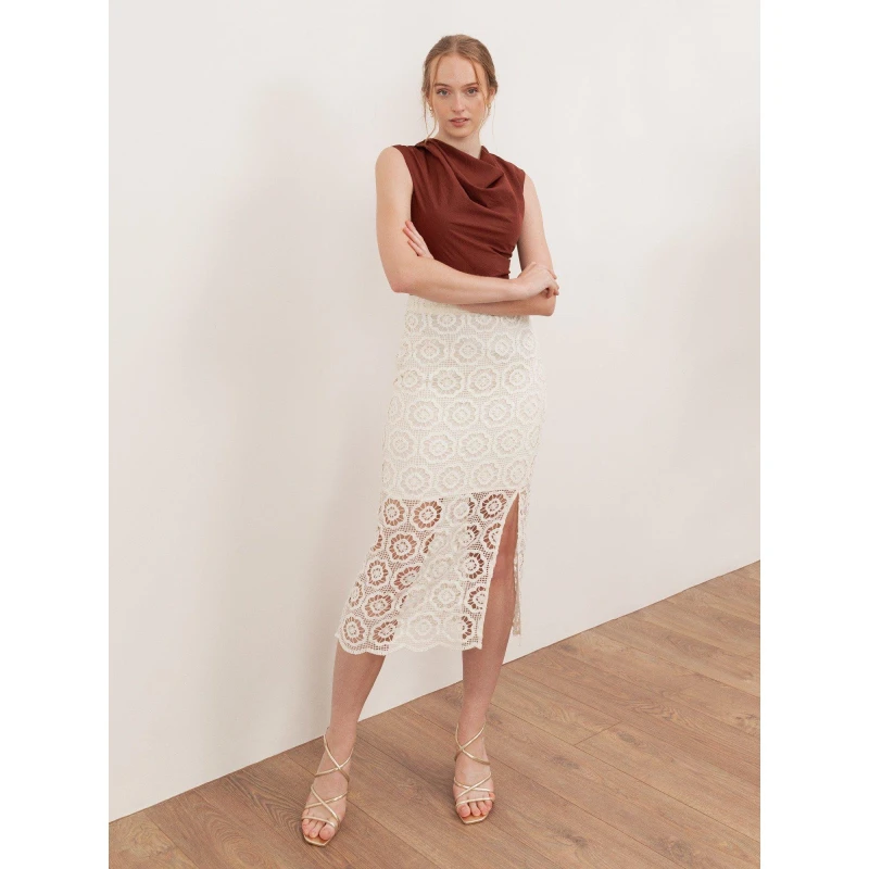 Image of Lovedrobe Lovedrobe Cream Crochet Lace Midi Skirt Cream female 8 (XS)