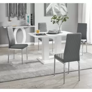 Image of Furniturebox UK - Furniturebox Imperia 4 High Gloss White Modern Dining Table And 4 Elephant Grey Milan Faux Leather Dining Chairs With Silver Legs
