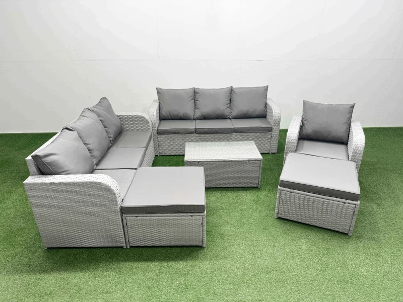 Image of Fimous 9 Seater Poly Rattan Outdoor Garden Furniture Sofa Set Patio 3 Seater Sofa Reclining Chair 3 Seater Sofa 2 Big Footstools Light Grey Light Grey