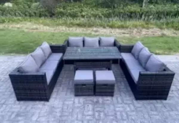 Image of Fimous 9 Seater Outdoor Dark Grey Wicker Rattan Lounge Complete Sofa Set with Side Tables and 2 Stools