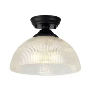 Image of Luminosa Talisa Flush Ceiling Lamp E27 With Round 30cm Prismatic Effect Glass Shade Matt Black, Clear