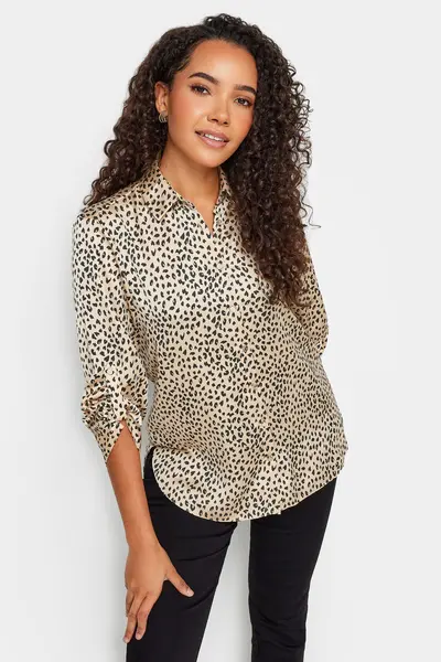 Image of M&Co Animal Print Tab Satin Shirt Brown
