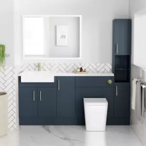 Image of 1800mm - 2100mm Blue Toilet and Sink Unit with Tall Cabinet Matt Worktop and Brushed Brass Fittings - Coniston