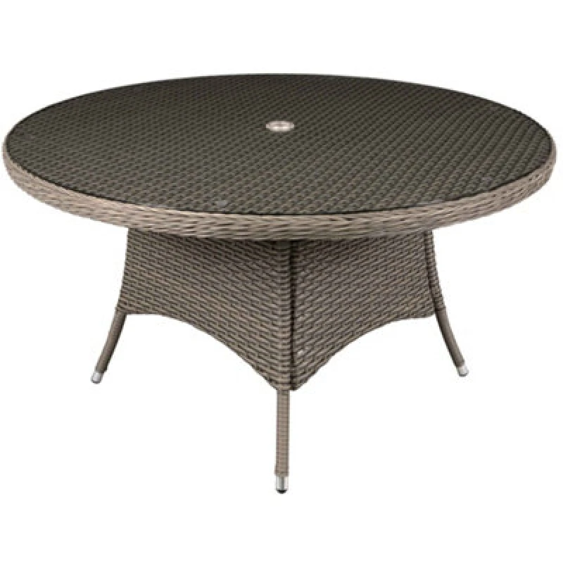Image of Dellonda Chester Round Rattan Outdoor Garden Dining Table, Glass, 135Cm, Brown