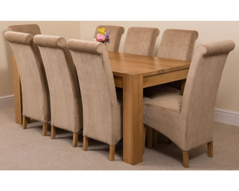 Image of Thats Furniture Kuba 180 x 90cm Chunky Oak Dining Table & 8 Montana Fabric Chairs in Beige Beige Unisex 180 x 90 cm