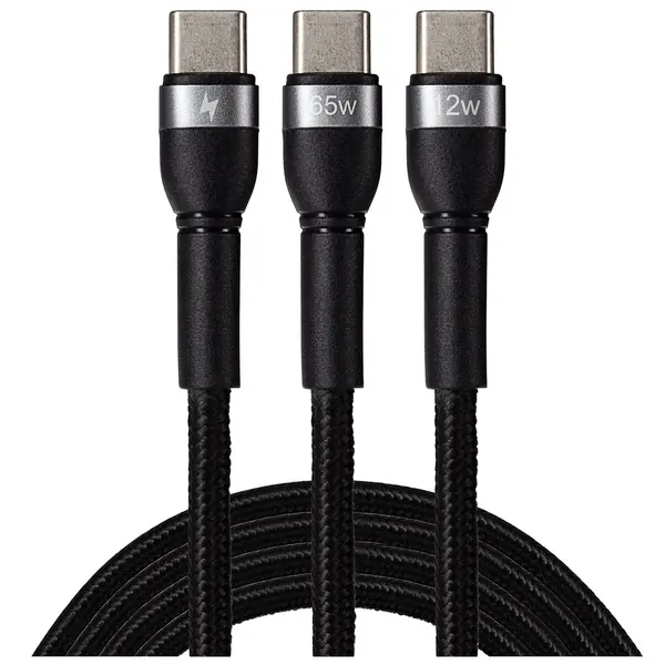 Image of Maplin Maplin PRO 2-in-1 USB-C to USB-C 65W / USB-C 12W Braided Charging Cable - Black 456PAM