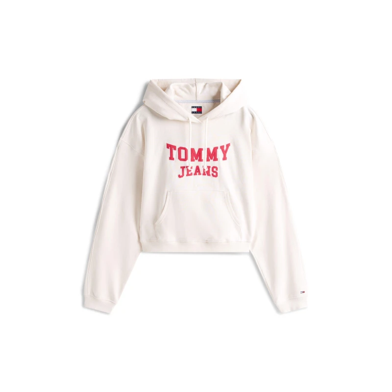 Image of Tommy Jeans Womens TJ Varsity Over-the-Head Hoodie Ancient White female 14 (L)
