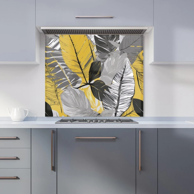 Image of Warren Reed - Designer Grey Yellow Floral Leaves Kitchen Splashback Size: 700mm x 750mm Yellow Unisex 700mm x 750mm