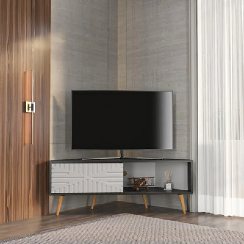 Image of Decorotika Modern Mora Corner TV Unit Black Marble Effect And White