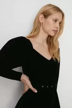 Image of Puff Sleeve Velvet Belted Skater Dress