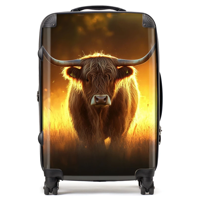 Image of Warren Reed - Designer Highland Cow Sunset Suitcase in Orange Size: Medium Orange Unisex Medium