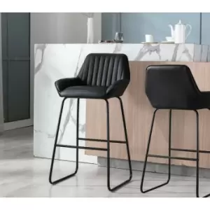 Image of Bar Stools Set of 2 Black PU Bar Chairs Upholstered Seat with Armrest Black Metal Legs Backrest Dining Stools - black
