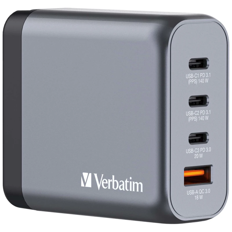 Image of Verbatim Verbatim GNC-140 GaN Charger 140W with 2 x USB-C PD 140W / 1 x USB-C PD 20W / 1 x USB-A QC 3.0 (EU/UK/US) 32203