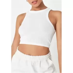 Image of Missguided Petite Rib Racer Neck Crop Top - White