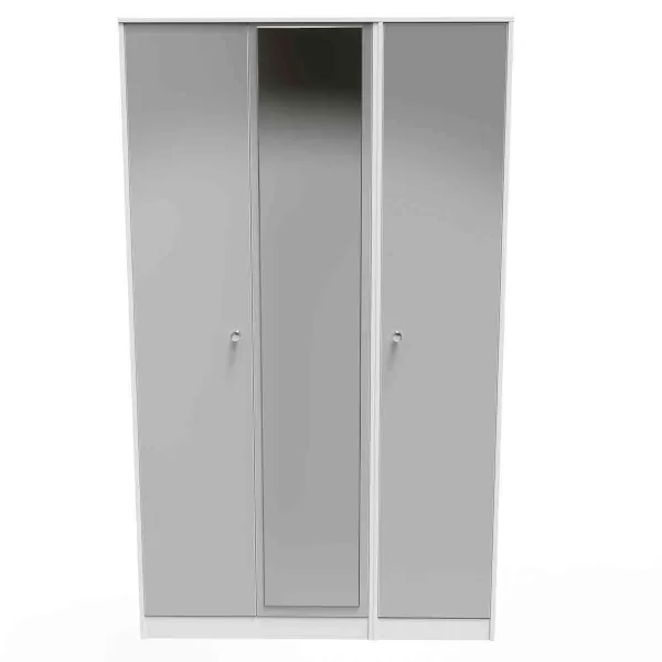 Image of Welcome Furniture Ready Assembled Padstow Triple Mirror Wardrobe In Uniform Grey Gloss & White