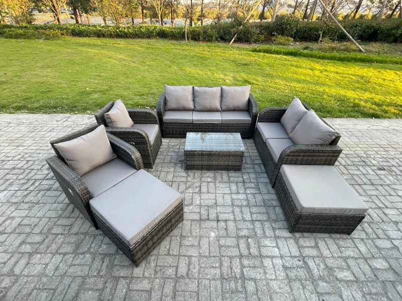 Image of Fimous Wicker PE Rattan Garden Furniture Set 9 Seater Outdoor Lounge Sofa Set with Love Sofa Coffee Table 2 Big Footstool Dark Grey Mixed Dark Grey