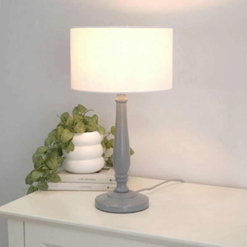 Image of ValueLights Victoria Grey Wood Traditional Table Lamp with Fabric Drum Shade White