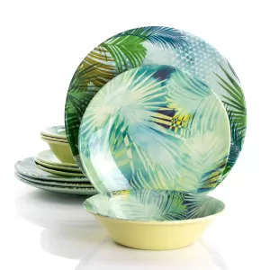 Image of 12 Piece Melamine Green Leaves Dinner Set