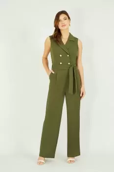 Image of Khaki Military Button Jumpsuit With Pockets