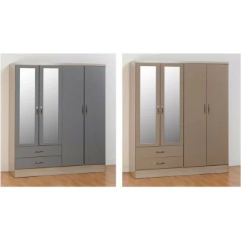 Image of Nevada Oak and Grey Gloss 4 Door 2 Drawer Wardrobe - Seconique