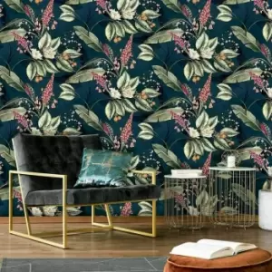 Image of Belgravia - Paradise Garden Wallpaper Decor Jungle Tropical Palm Green Navy White
