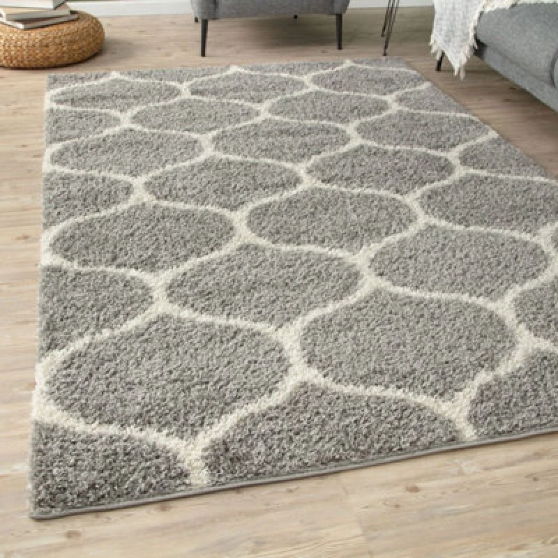 Image of THE RUGS Soft Trellis Shaggy Rugs & Runners Grey & Ivory Living Room Size: 200cm x 290cm Grey Unisex 200cm x 290 cm