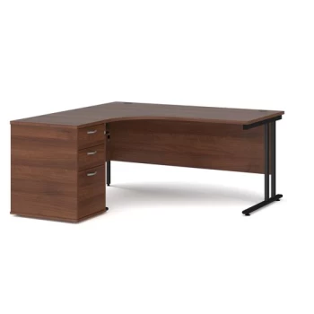 Image of Office Desk Left Hand Corner Desk 1600mm With Pedestal Walnut Top With Black Frame Maestro 25