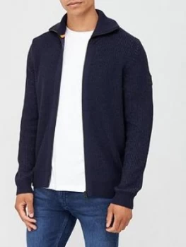 Image of Hugo Boss Kelbow Wool Blend Zip Through Knitted Jumper Navy Size S Men