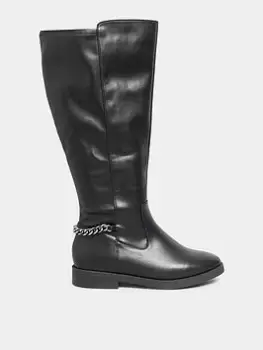 Image of Yours Extra Wide Fit Chain Detail Stretch Knee Boot Pu Black, Size E, Women