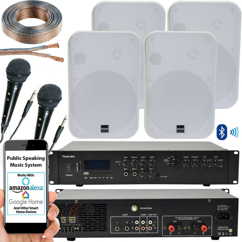 Image of Loops 400W Bluetooth Sound System 4x White Wall Speakers School Hall Voice & Music Kit White unisex