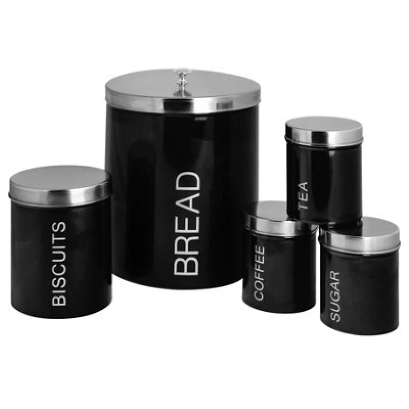 Image of Harbour Housewares 5 Piece Kitchen Canisters Set - Black - Round Metal Storage Caddy Tin Jar