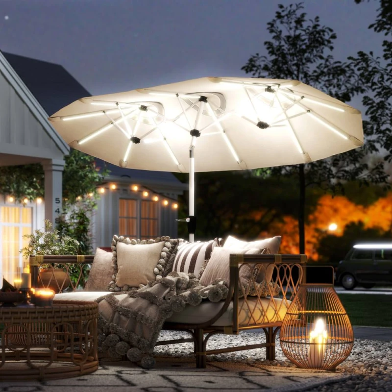 Image of OUTSUNNY 3m Double-Sided Garden Parasol with Solar Lights, Cream White Size: 3m Cream Unisex 3m