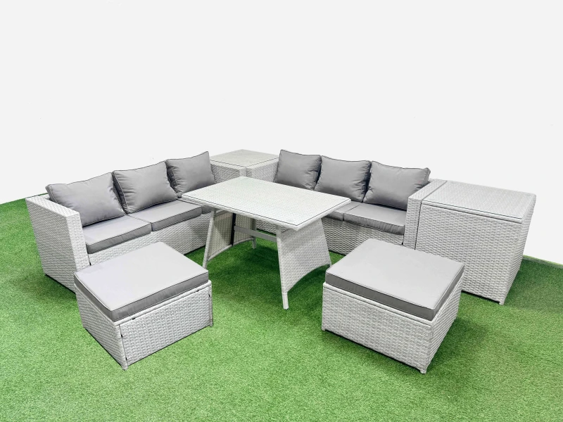 Image of Fimous 8-Seater Patio Rectangular Table 3 Seater Sofa Set With 2 Side Tables 2 Big Stools Light Grey