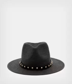 Image of AllSaints Womens Paige Studded Straw Fedora Hat, Black