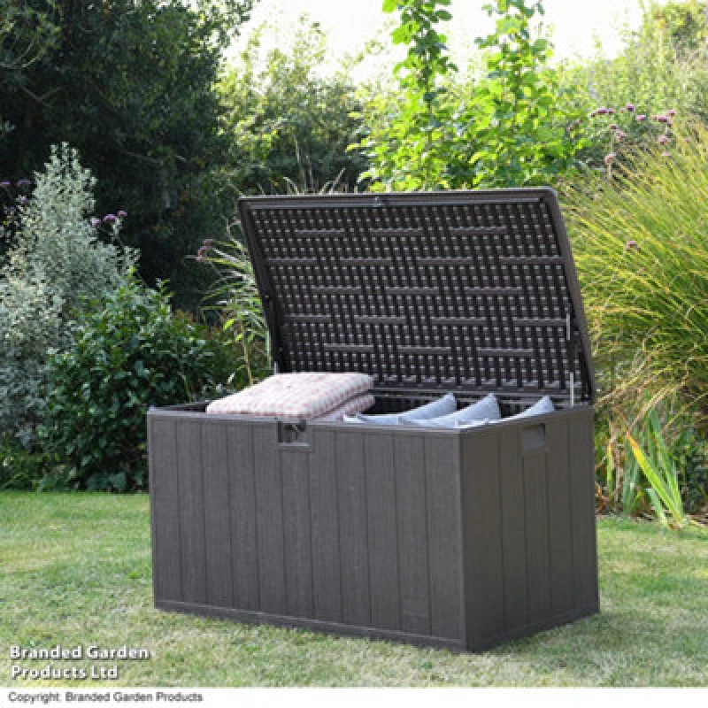 Image of Garden Gear 492L Storage Box In Brown, Outdoor Deck Box, Weather Resistant, Hydraulic Soft-Close Lockable Lid, Wood-Effect Finish