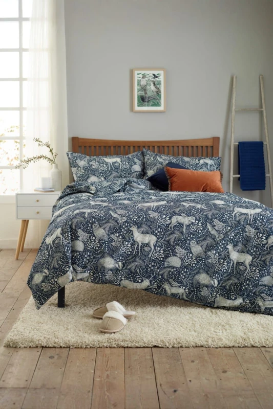 Image of Deyongs Deyongs Woodland Folk Printed Cotton Rich Duvet Cover Set - Soft & Breathable Bedding in Navy Size: Double Navy Double Unisex 5054990141620