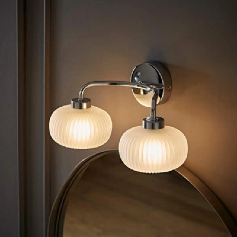 Image of ValueLights Amaia Polished Chrome IP44 Rated 2 Way Frosted Ribbed Glass Wall Light Silver