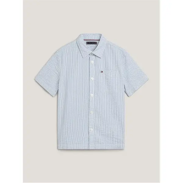 Image of Tommy Hilfiger Boys Seersucker Stripes Shirt - Blue Spell Stripe, Blue, Size 12 Years Blue VSU8N Unisex 12 YEARS