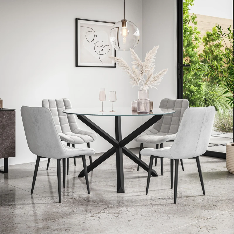 Image of More4Homes Malvern Round Dining Table And Chairs - Clear Glass Table Top W Solid Black Oak Legs + Nova Velvet Dining Chair Set Of 4 (Grey)