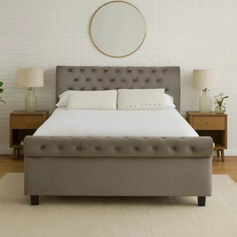 Image of Orsina Elegant Steel Shade Kingsize Ottoman Bed, Practical Velvet Bed For Bedroom, Compact Rolled Back Board Bed