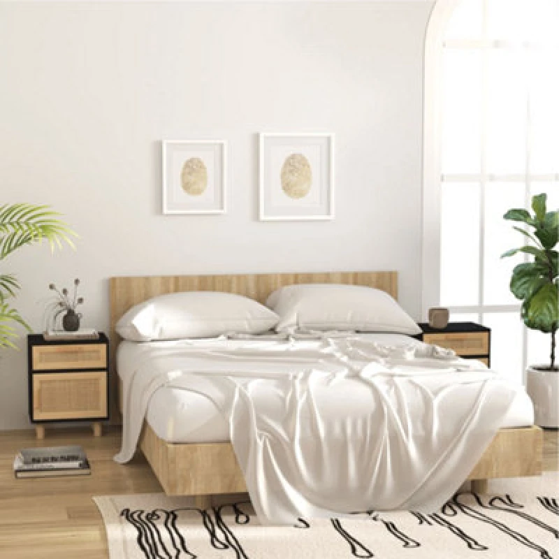 Image of Vidaxl Bedside Cabinets 2 Pcs Black Solid Wood Pine And Natural Rattan