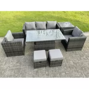 Image of Fimous 5 Seater Outdoor Dark Grey Rattan Lounge Complete Sofa Set with Adjustable Dining Table and 2 Stools