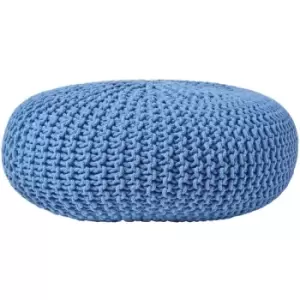 Image of Blue Large Round Cotton Knitted Pouffe Footstool - Blue - Homescapes
