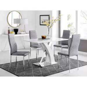 Image of Furniture Box Atlanta 4 White Dining Table and 4 Grey Velvet Milan Chairs